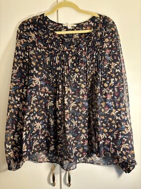 Navy Floral Pintuck Peasant Blouse